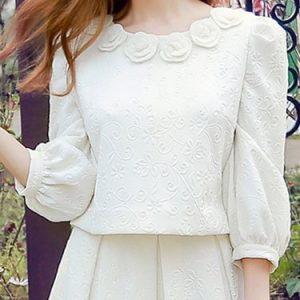 White Jacquard Appliqued Casual Plain Long Sleeved Top