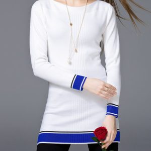 White Knitted Long Sleeve Color-block Tunic