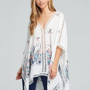 White Lace Trim Rayon V Neck Printed Batwing Kimono