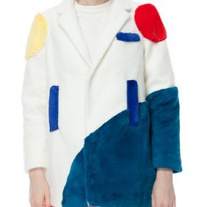 White Lapel Color-block Long Sleeve Wool Blend Coat