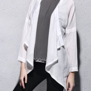 White Linen Long Sleeve Plain Asymmetric Coat