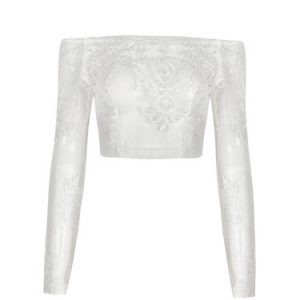 White Off Shoulder Guipure Lace H-line Long Sleeve Cropped Top