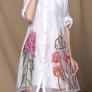 White Organza Casual Swing Floral-print Midi Dress