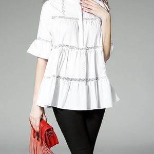 White Paneled A-line Cotton-blend Half Sleeve Blouse