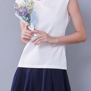 White Paneled Cotton-blend Short Sleeved Top