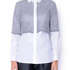 White Paneled Long Sleeve Shirt Collar Blouse