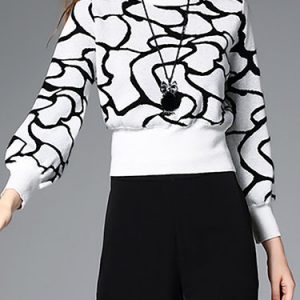 White Paneled Printed Crew Neck Long Sleeve Blouse