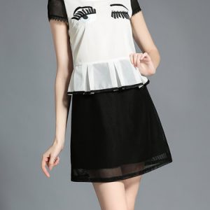 White Paneled Short Sleeve A-line Eye Pattern Mini Dress