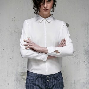 White Pierced Back Long Sleeve Polyester Shirt Collar Blouse