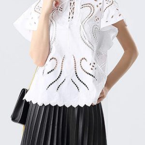 White Pierced V Neck Cotton Short Sleeved Top