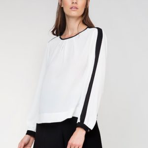 White Piping Crew Neck Woven Long Sleeved Top