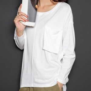 White Plain Cotton Casual Pockets T-Shirt