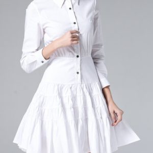 White Plain Cotton Casual Shirt Collar Mini Dress