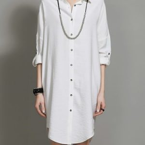 White Plain Long Sleeve V Neck Shirt Dress