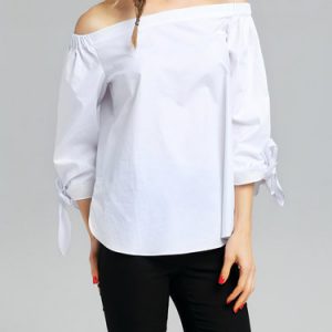 White Plain Off Shoulder 3/4 Sleeve Cotton Blouse