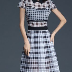 White Pleated Checkered/Plaid Short Sleeve Shirt Collar Midi Dress