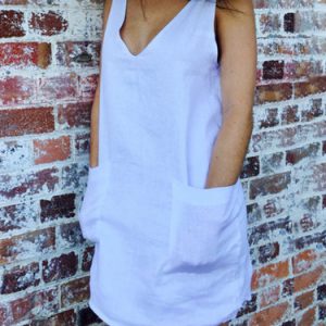 White Pockets Bow V Neck Sleeveless Linen Mini Dress