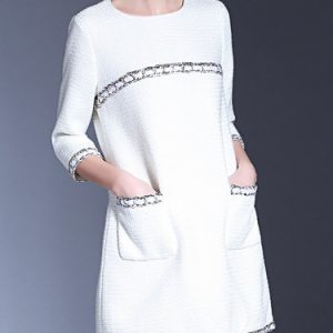 White Pockets Crew Neck A-line Girly Mini Dress