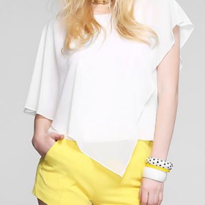 White Polyester Asymmetric Statement Short Sleeved Top