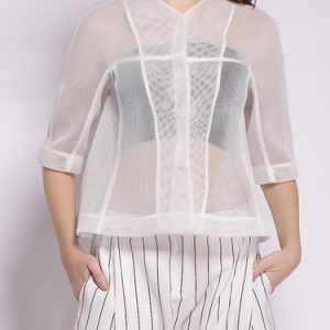 White Polyester Mesh 3/4 Sleeve Cropped Jacket