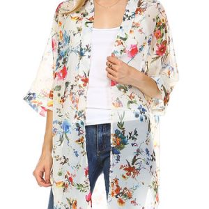 White Polyester Resort Floral-print Kimono