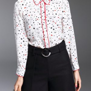 White Printed Shirt Collar Long Sleeve Silk Blouse