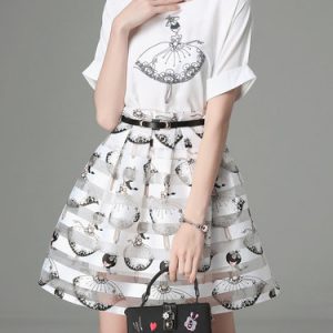 White Printed Three Pieces Mini Dress with Belt