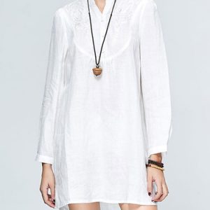 White Ramie H-line Embroidered Casual Tunic