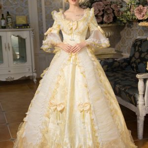 White Retro Costumes Rococo Lace Long Flared Sleeve Tunic Ball Gown Lolita Dress With Bows Halloween