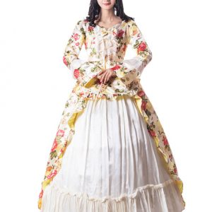 White Retro Costumes Women Floral Print Bows Ruffle Satin Victorian Style Vintage Clothing Halloween