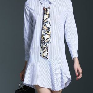 White Ruffled Casual Stripes Shirt Dress