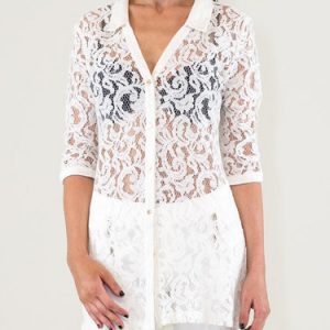 White See-through Look 3/4 Sleeve Lace Tunic