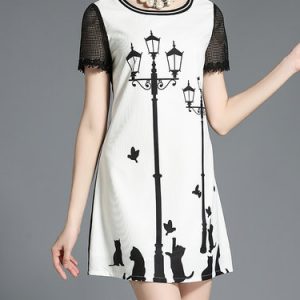 White Shift Crew Neck Short Sleeve Printed Mini Dress