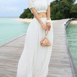 White Shirred Girly Off Shoulder Two Piece Maxi Dress