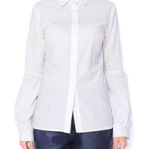 White Shirt Collar Casual Cotton Blouse With Oversize Bell Sleeves