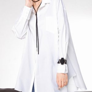 White Shirt Collar Cotton Casual H-line Plain Tunic