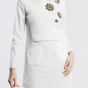 White Shirt Collar Geometric Beaded Long Sleeve Mini Dress