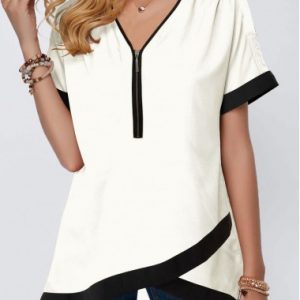 White Short Sleeve Casual Tunic Top for Women Crossover Hem Half Zipper Contrast Piping Blouse - XXL