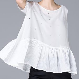 White Short Sleeve Crew Neck Plain Blouse