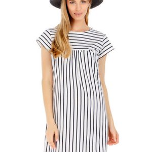 White Short Sleeve Crew Neck Stripes Cotton-blend Mini Dress