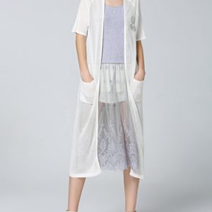 White Short Sleeve Pockets Shift Coat