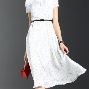 White Short Sleeve Stand Collar Polyester Midi Dress