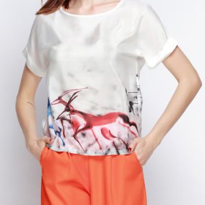 White Silk Sheep Printed Short Sleeved Top