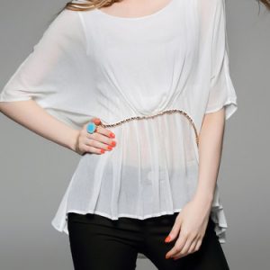 White Silk-blend Elegant Plain Crew Neck Blouse