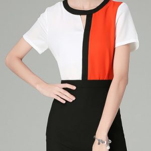 White Simple Chiffon Color-block Crew Neck Short Sleeved Top