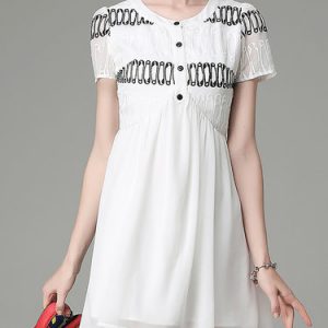 White Simple Crew Neck Plain Embroidered Mini Dress