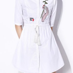 White Simple Embroidered Cotton Shirt Dress