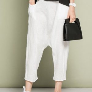 White Simple Plain Linen Pockets Cropped Pant