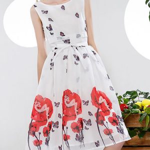 White Sleeveless Swing Crew Neck Printed Midi Dress