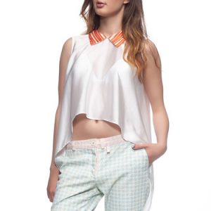 White Slit Silk Statement Solid Sleeveless Blouse with Orange Shirt Collar